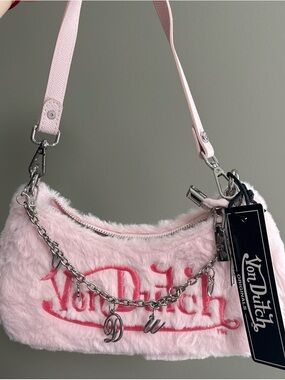 Von Dutch Pink Faux Fur Mini Shoulder Bag with Silver Chain